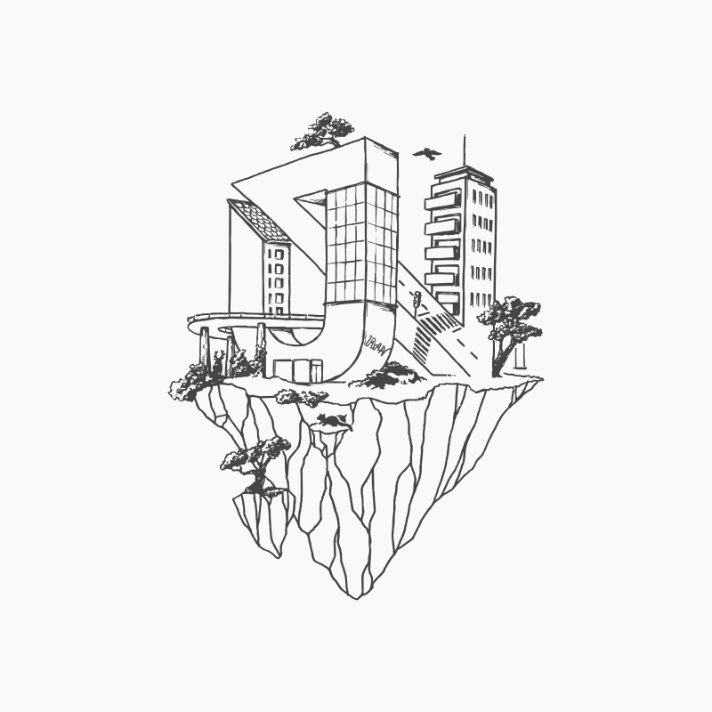 Uhrwahn Bikes - Illustration einer fliegenden Stadt, die Gebäude ahmen die Bildmarke nach