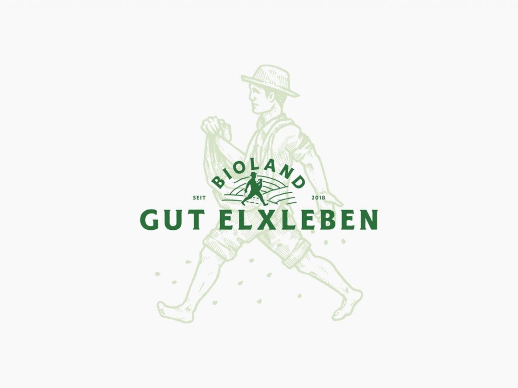 Bioland Gut Elxleben - Logo MockUp mit Illustration von einem Bauern im Hintergund 