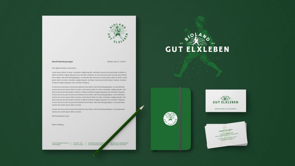 Bioland Gut Elxleben - MockUp mit Geschäftsdrucksachen wie Briefbogen, Notizbuch, Visitenkarten