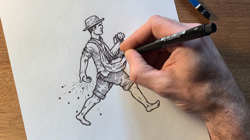 Bioland Gut Elxleben - Foto vom Illustrationsprozess, der Bauer wird mit Stift auf Papier gezeichnet 