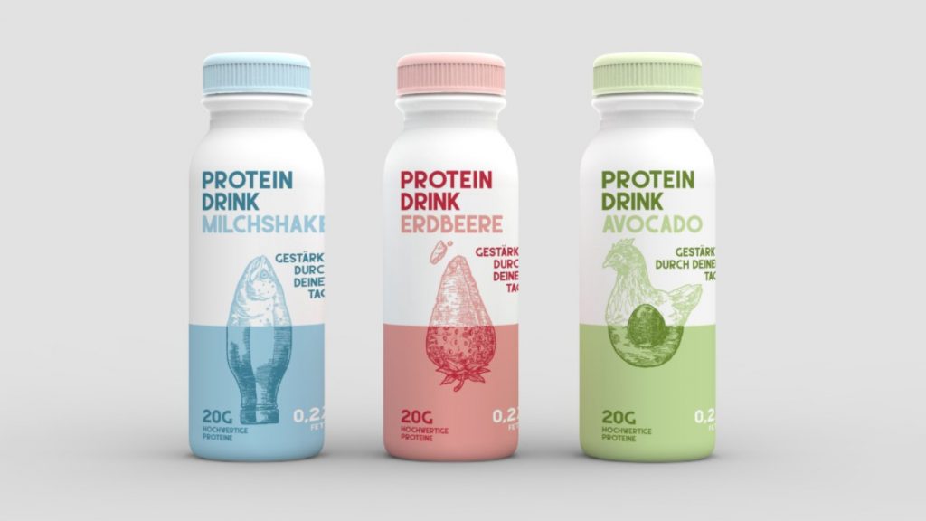 Protein Drink - Produktrendering in drei Geschmacksrichtungen