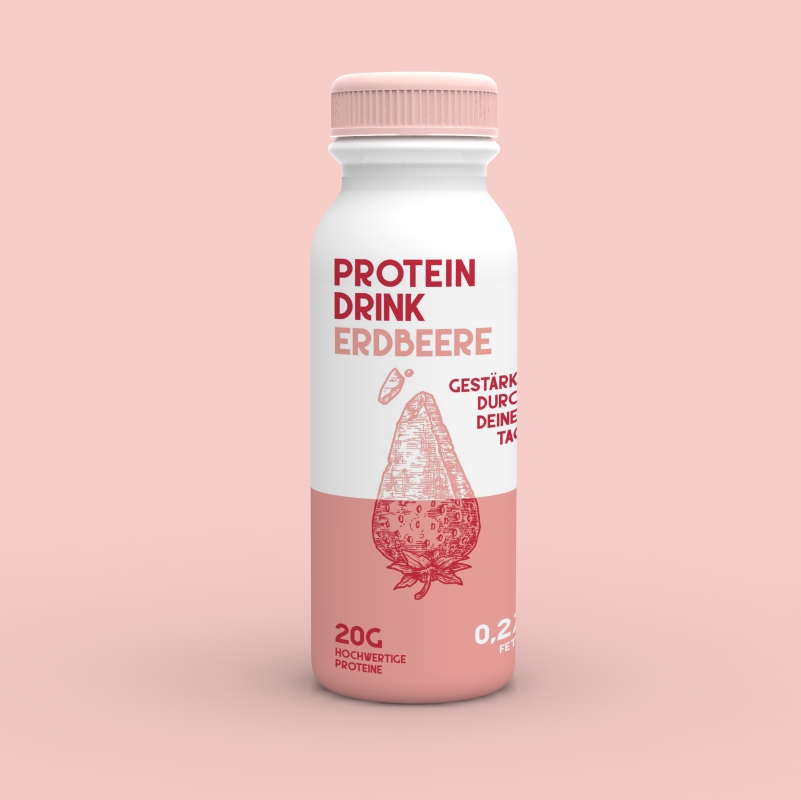 Protein Drink - Produktrendering der Geschmacksrichtung Erdbeere