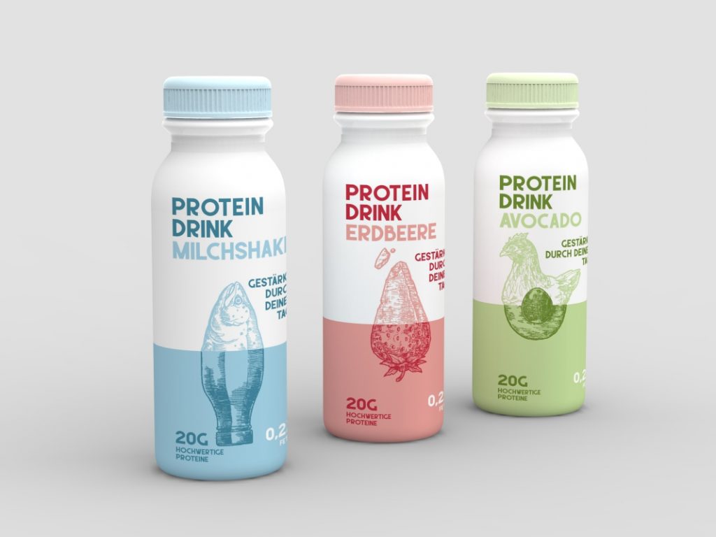 Protein Drink - Produktrendering mit drei Geschmacksrichtung